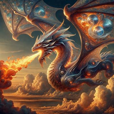 Primary subject: A dragon with a flaming mouth.

Setting/background: The dragon is flying through a cloudy sky.

Visual style: The image is a digital art or illustration.

Colors and mood: The dragon is primarily orange and blue, with a fiery mouth, creating a dramatic and intense atmosphere.